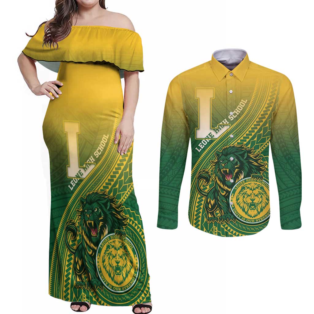 Personalized Leone High School Couples Matching Off Shoulder Maxi Dress and Long Sleeve Button Shirt Leone Lion