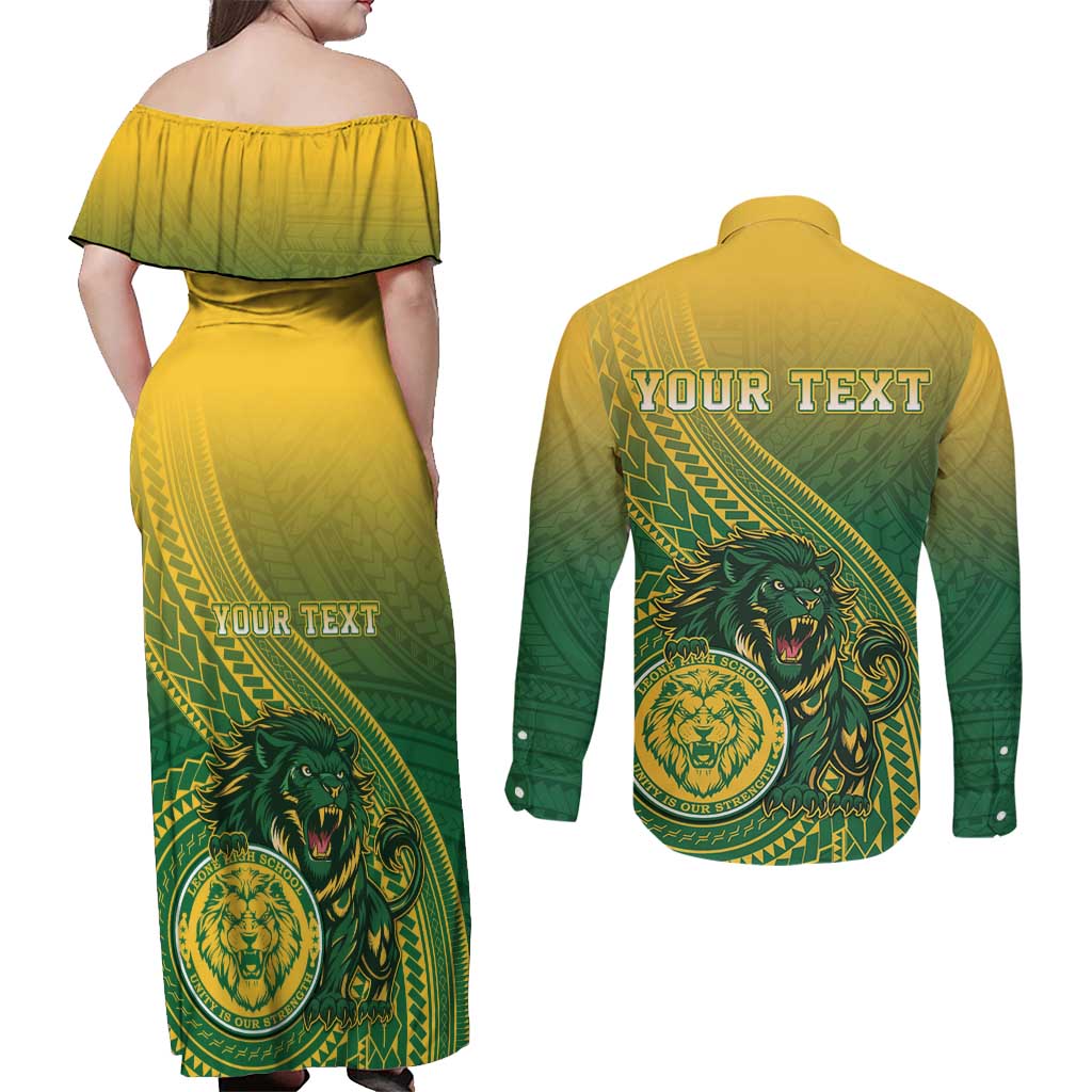 Personalized Leone High School Couples Matching Off Shoulder Maxi Dress and Long Sleeve Button Shirt Leone Lion