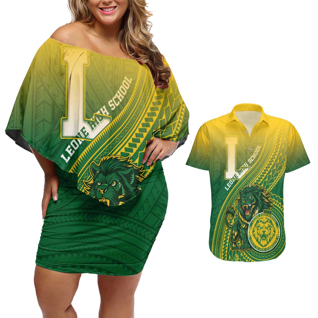 Personalized Leone High School Couples Matching Off Shoulder Short Dress and Hawaiian Shirt Leone Lion