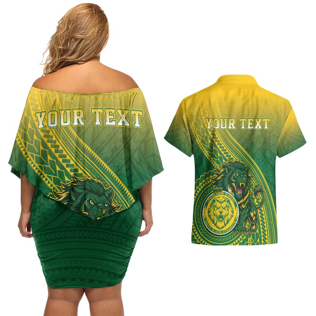 Personalized Leone High School Couples Matching Off Shoulder Short Dress and Hawaiian Shirt Leone Lion