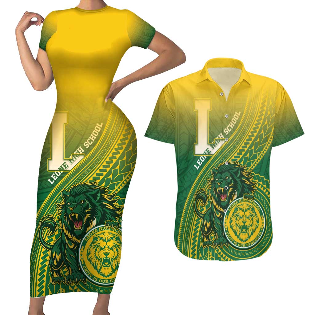 Personalized Leone High School Couples Matching Short Sleeve Bodycon Dress and Hawaiian Shirt Leone Lion