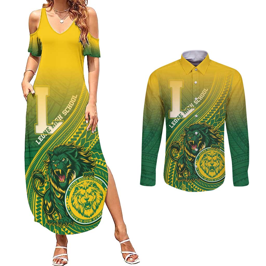 Personalized Leone High School Couples Matching Summer Maxi Dress and Long Sleeve Button Shirt Leone Lion LT05 Green - Polynesian Pride