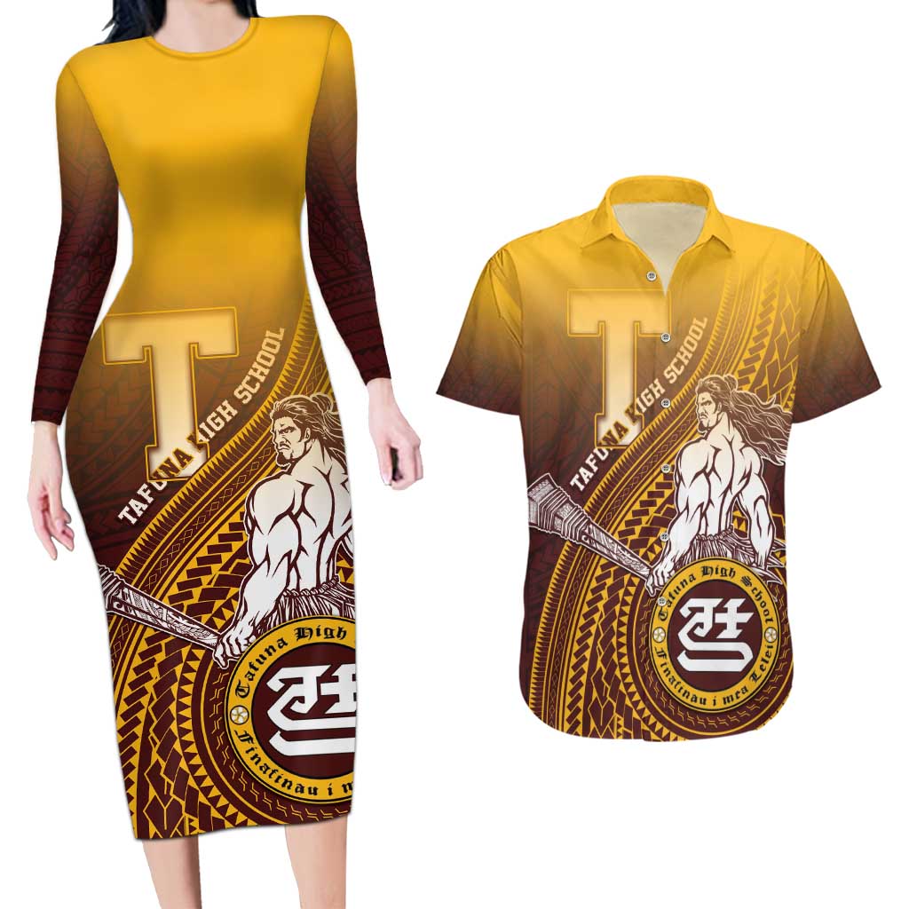 Personalized Tafuna High School Couples Matching Long Sleeve Bodycon Dress and Hawaiian Shirt Polynesian Warrior LT05 Maroon - Polynesian Pride