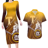 Personalized Tafuna High School Couples Matching Long Sleeve Bodycon Dress and Hawaiian Shirt Polynesian Warrior LT05 Maroon - Polynesian Pride