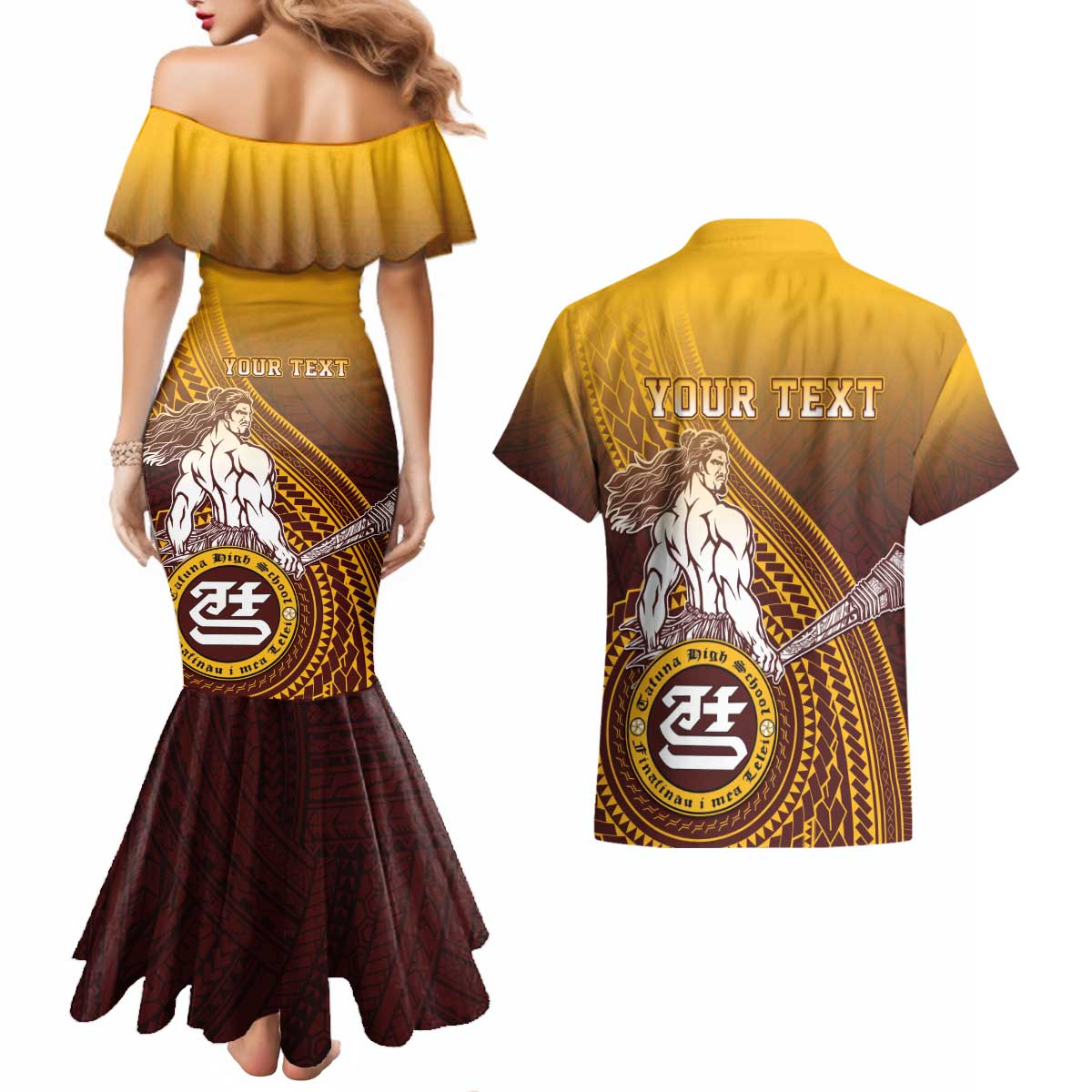 Personalized Tafuna High School Couples Matching Mermaid Dress and Hawaiian Shirt Polynesian Warrior LT05 - Polynesian Pride