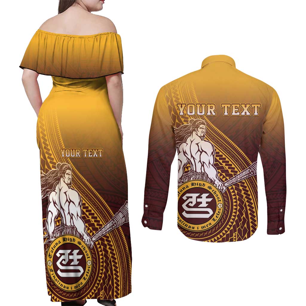 Personalized Tafuna High School Couples Matching Off Shoulder Maxi Dress and Long Sleeve Button Shirt Polynesian Warrior