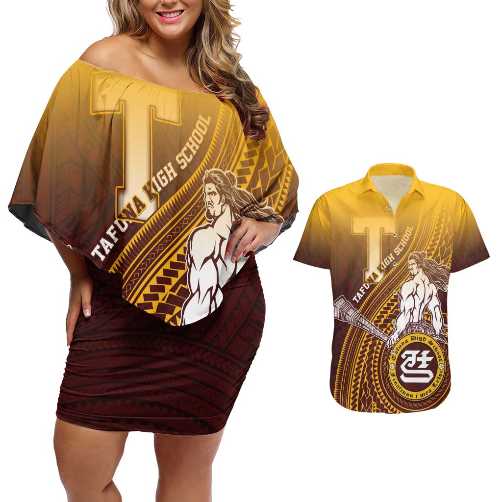 Personalized Tafuna High School Couples Matching Off Shoulder Short Dress and Hawaiian Shirt Polynesian Warrior LT05 Maroon - Polynesian Pride