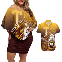 Personalized Tafuna High School Couples Matching Off Shoulder Short Dress and Hawaiian Shirt Polynesian Warrior LT05 Maroon - Polynesian Pride