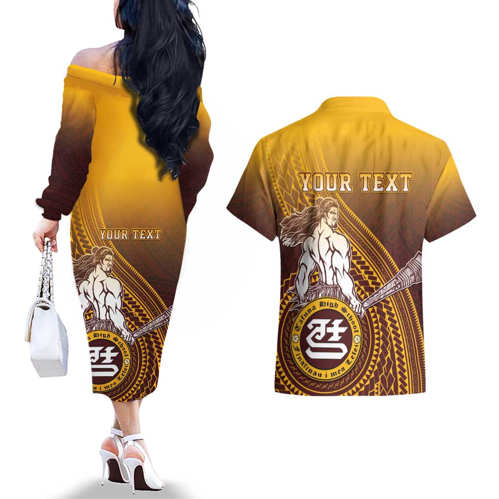 Personalized Tafuna High School Couples Matching Off The Shoulder Long Sleeve Dress and Hawaiian Shirt Polynesian Warrior LT05 - Polynesian Pride