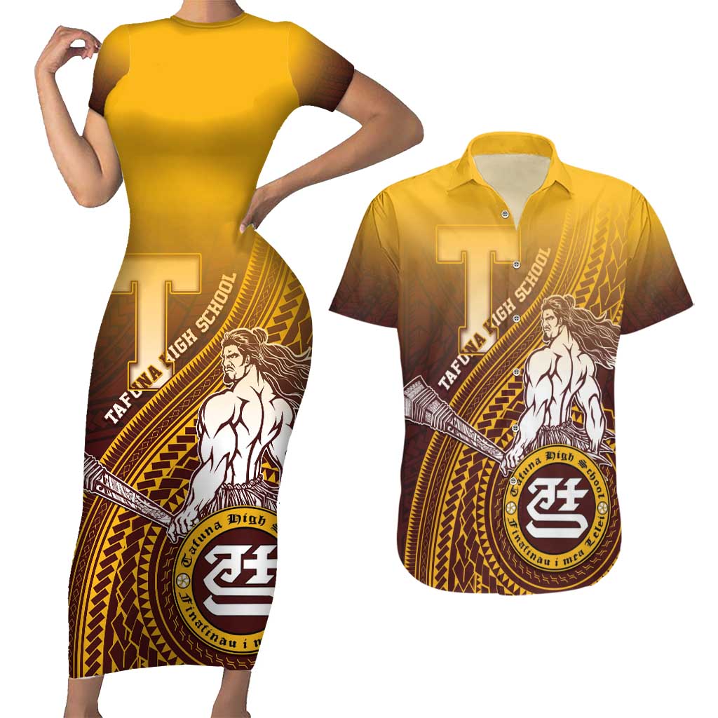 Personalized Tafuna High School Couples Matching Short Sleeve Bodycon Dress and Hawaiian Shirt Polynesian Warrior