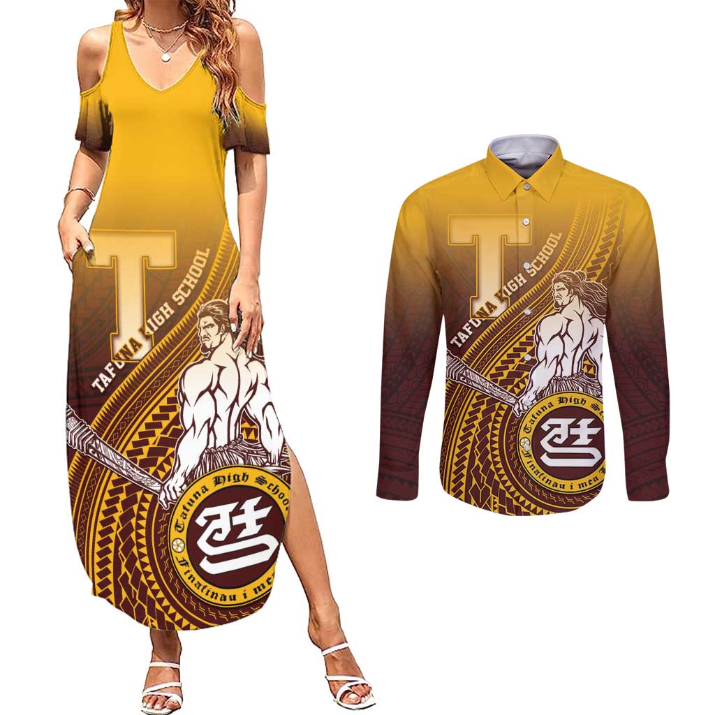 Personalized Tafuna High School Couples Matching Summer Maxi Dress and Long Sleeve Button Shirt Polynesian Warrior