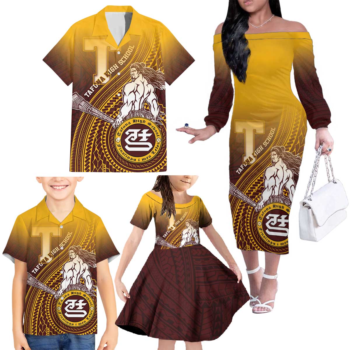 Personalized Tafuna High School Family Matching Off The Shoulder Long Sleeve Dress and Hawaiian Shirt Polynesian Warrior