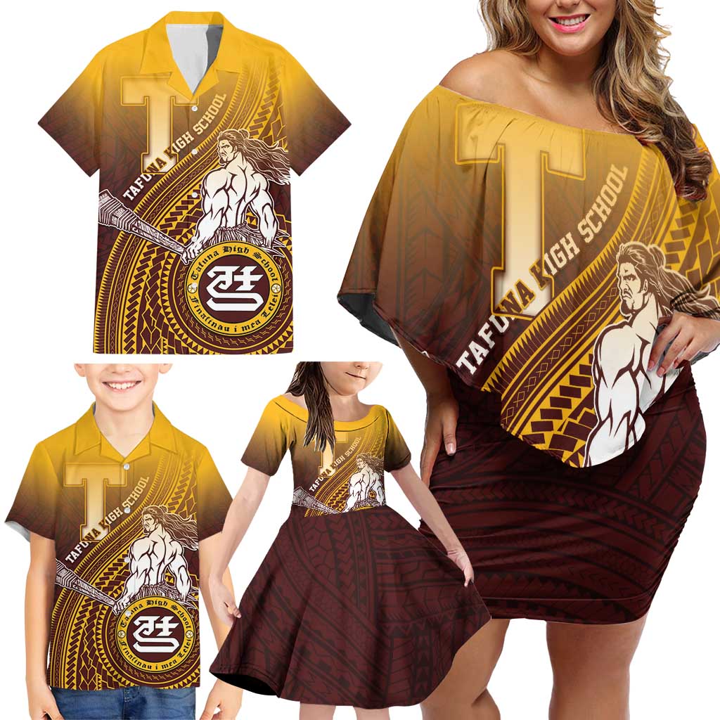 Personalized Tafuna High School Family Matching Off Shoulder Short Dress and Hawaiian Shirt Polynesian Warrior