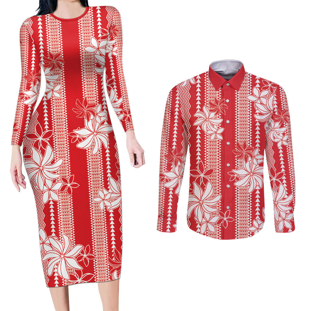 Hawaii Kakau Tribal Couples Matching Long Sleeve Bodycon Dress and Long Sleeve Button Shirt With Red Tiare
