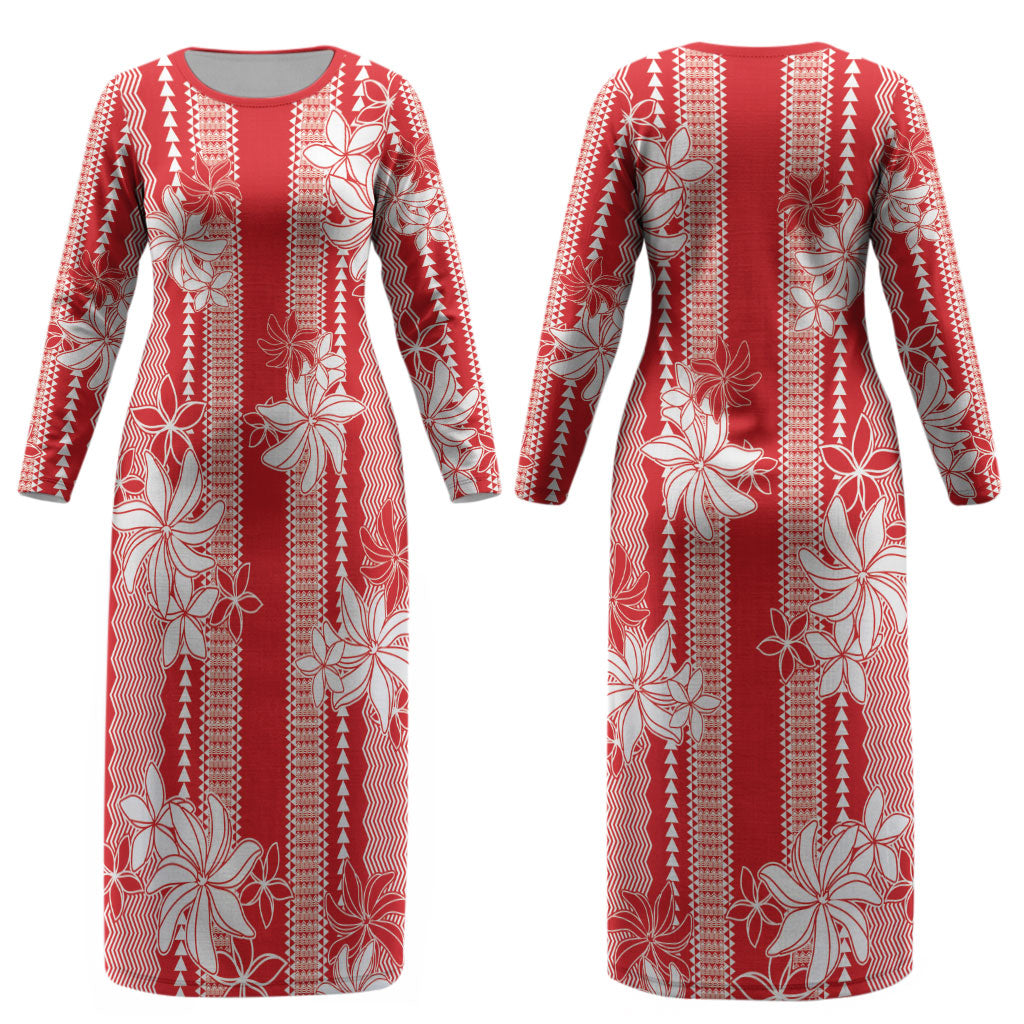 Hawaii Kakau Tribal Couples Matching Long Sleeve Bodycon Dress and Long Sleeve Button Shirt With Red Tiare LT05 - Polynesian Pride