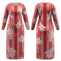 Hawaii Kakau Tribal Couples Matching Long Sleeve Bodycon Dress and Long Sleeve Button Shirt With Red Tiare LT05 - Polynesian Pride