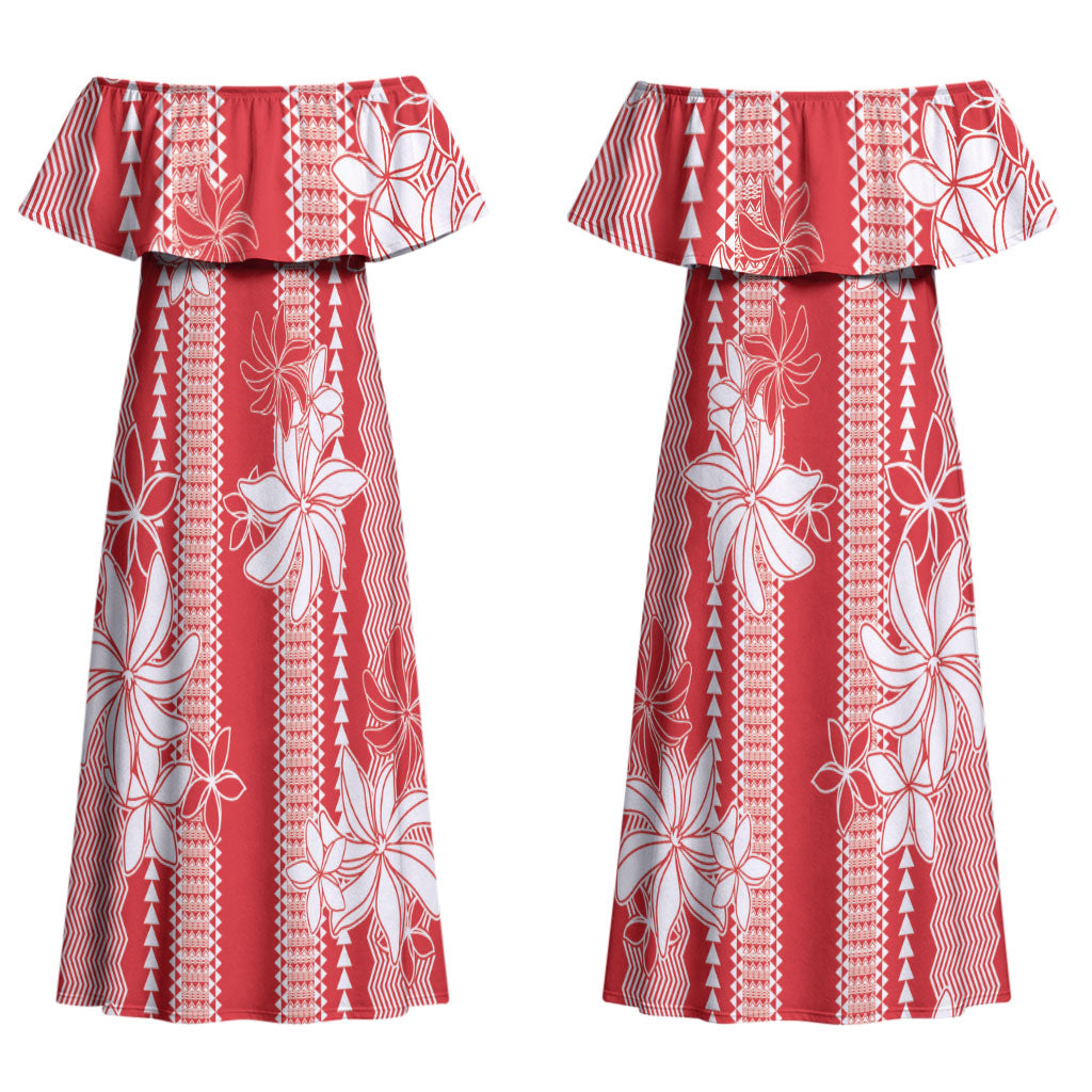 Hawaii Kakau Tribal Couples Matching Off Shoulder Maxi Dress and Hawaiian Shirt With Red Tiare LT05 - Polynesian Pride