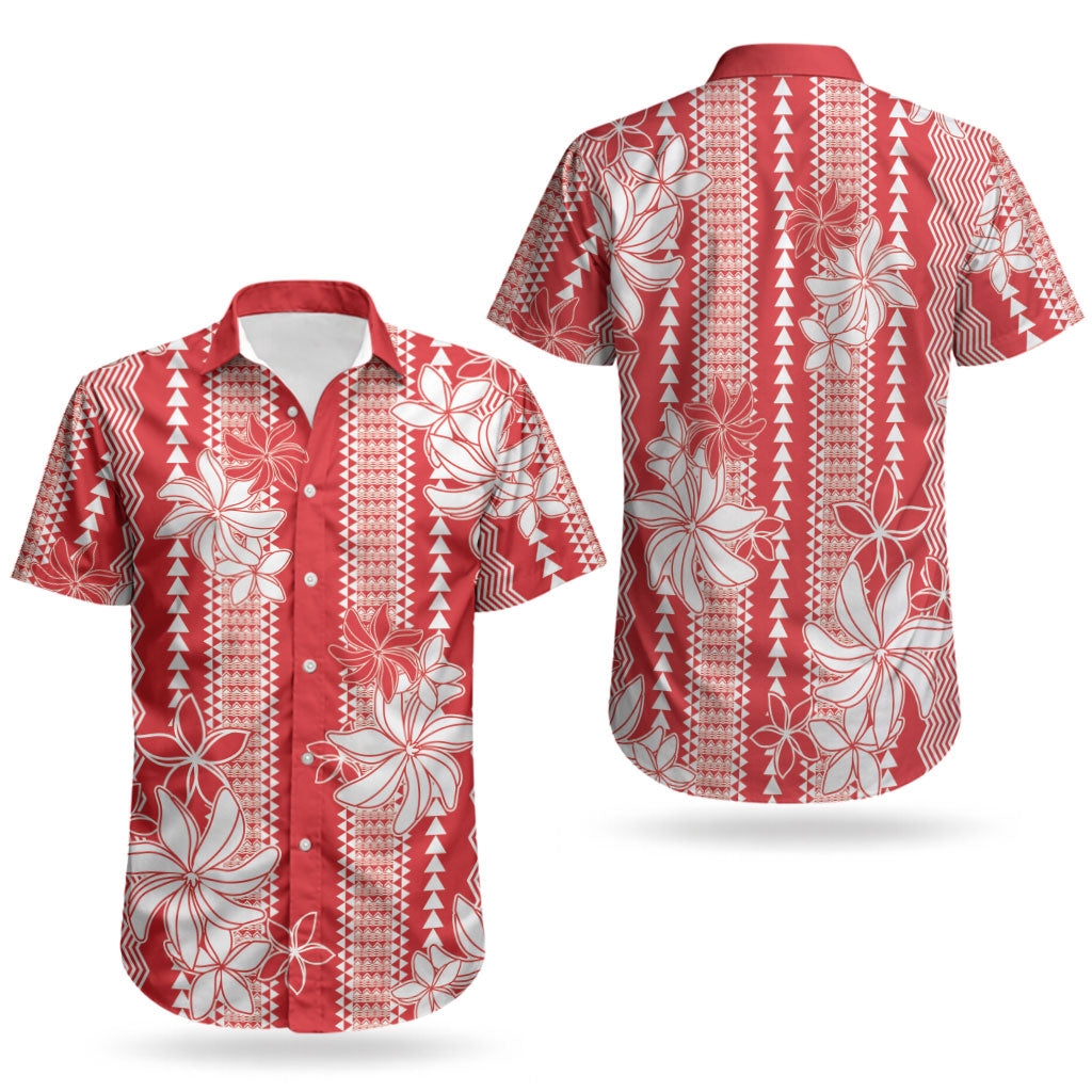 Hawaii Kakau Tribal Couples Matching Off Shoulder Short Dress and Hawaiian Shirt With Red Tiare LT05 - Polynesian Pride