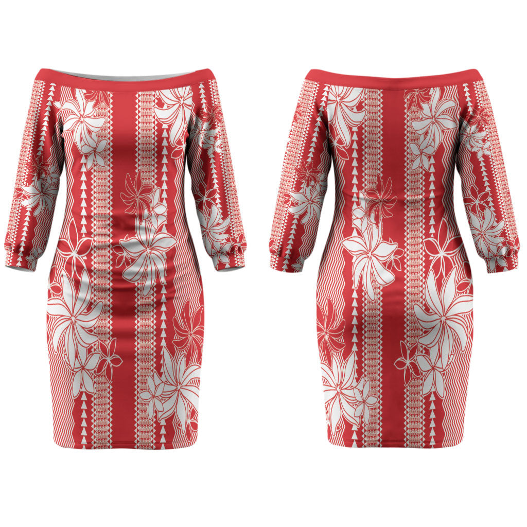 Hawaii Kakau Tribal Couples Matching Off The Shoulder Long Sleeve Dress and Long Sleeve Button Shirt With Red Tiare LT05 - Polynesian Pride