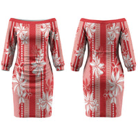 Hawaii Kakau Tribal Couples Matching Off The Shoulder Long Sleeve Dress and Long Sleeve Button Shirt With Red Tiare LT05 - Polynesian Pride