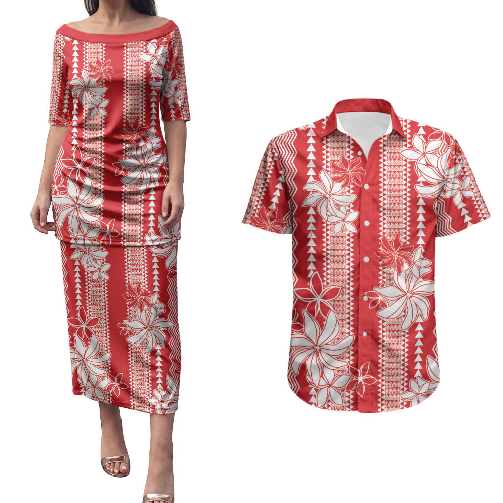Hawaii Kakau Tribal Couples Matching Puletasi and Hawaiian Shirt With Red Tiare LT05 Red - Polynesian Pride