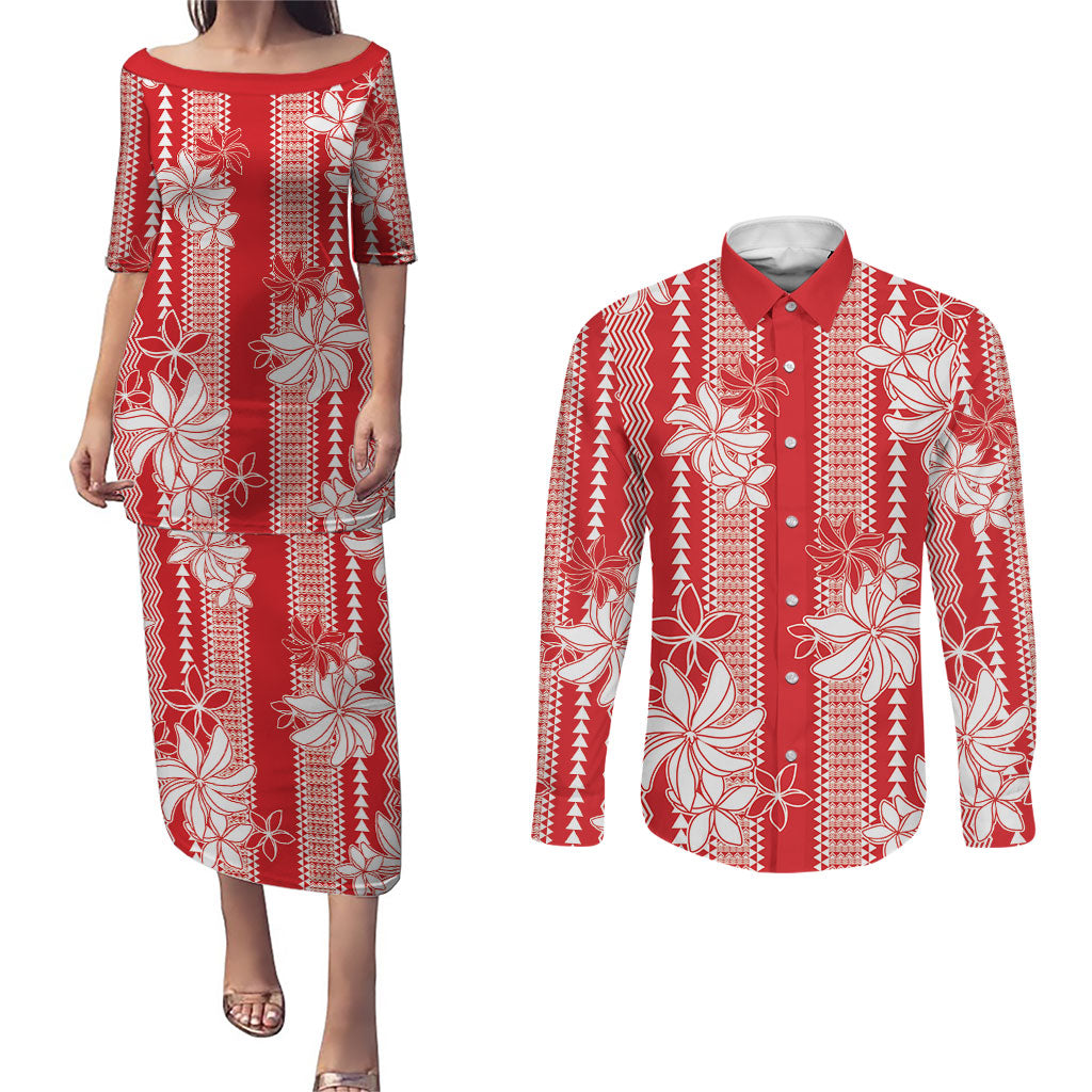 Hawaii Kakau Tribal Couples Matching Puletasi and Long Sleeve Button Shirt With Red Tiare