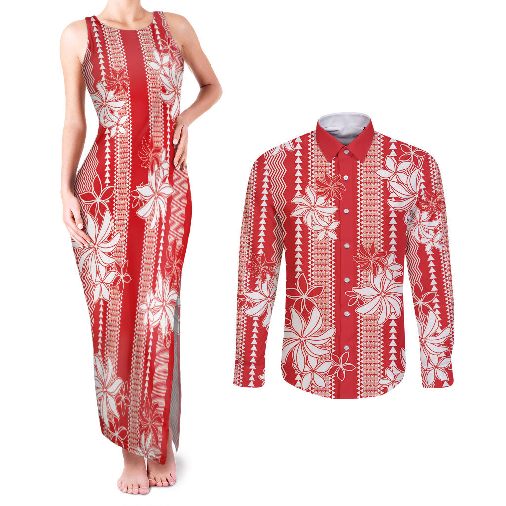 Hawaii Kakau Tribal Couples Matching Tank Maxi Dress and Long Sleeve Button Shirt With Red Tiare