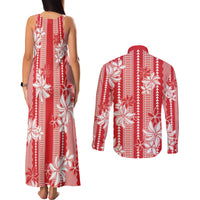 Hawaii Kakau Tribal Couples Matching Tank Maxi Dress and Long Sleeve Button Shirt With Red Tiare