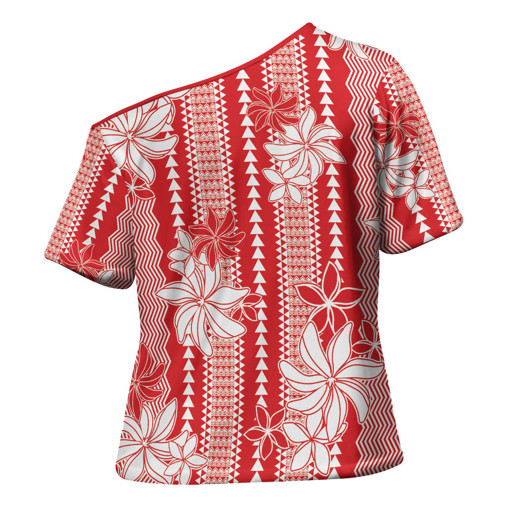 Hawaii Kakau Tribal Cross Shoulder Shirt With Red Tiare