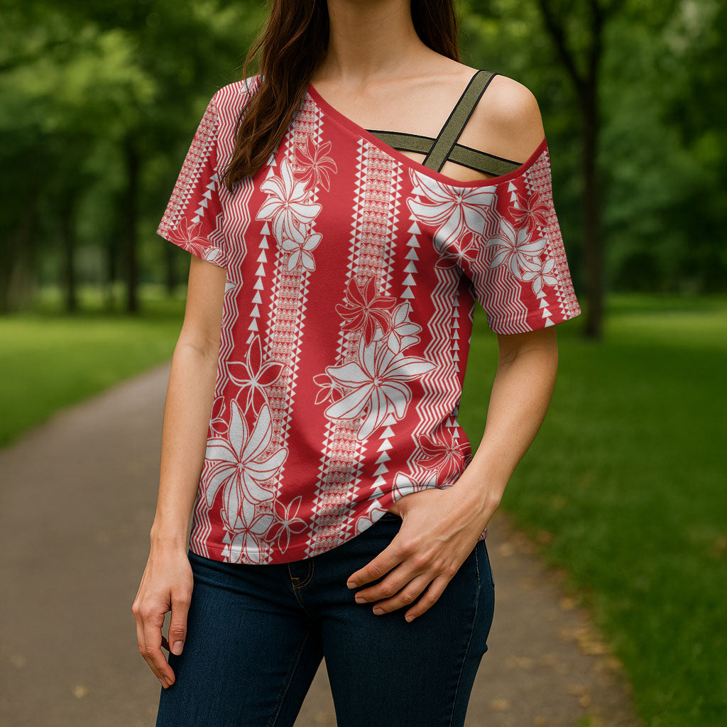 Hawaii Kakau Tribal Cross Shoulder Shirt With Red Tiare