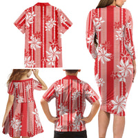 Hawaii Kakau Tribal Family Matching Long Sleeve Bodycon Dress and Hawaiian Shirt With Red Tiare