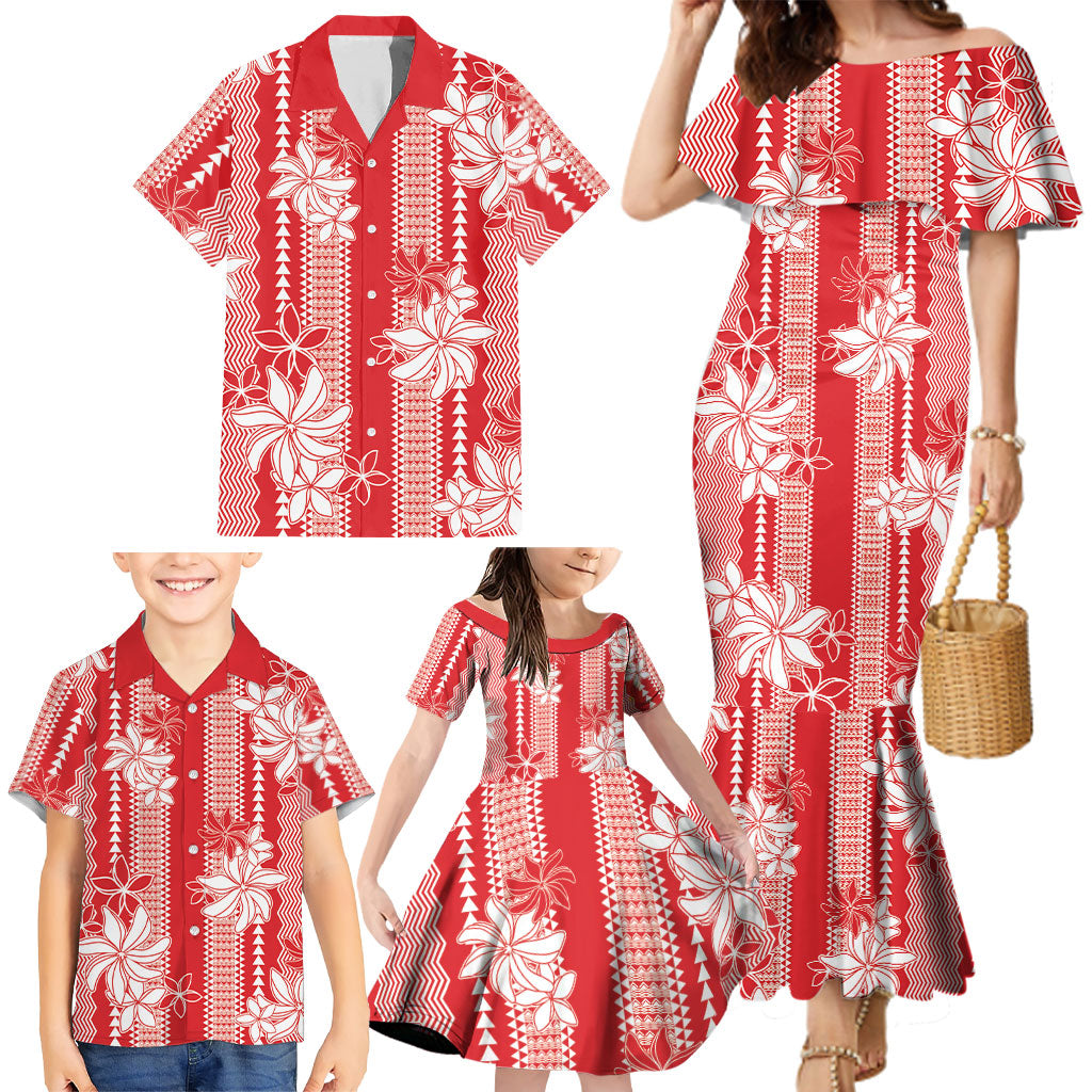 Hawaii Kakau Tribal Family Matching Mermaid Dress and Hawaiian Shirt With Red Tiare