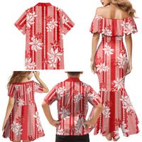 Hawaii Kakau Tribal Family Matching Mermaid Dress and Hawaiian Shirt With Red Tiare