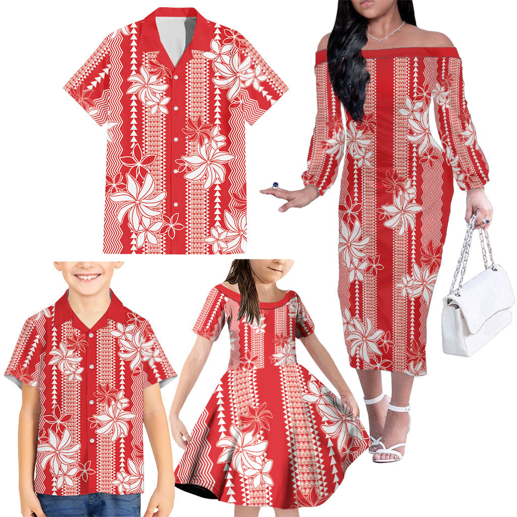 Hawaii Kakau Tribal Family Matching Off The Shoulder Long Sleeve Dress and Hawaiian Shirt With Red Tiare