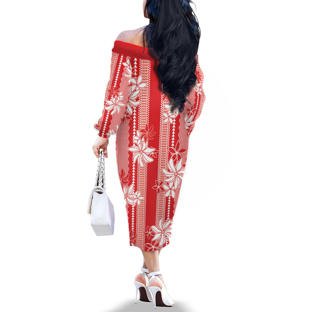 Hawaii Kakau Tribal Family Matching Off The Shoulder Long Sleeve Dress and Hawaiian Shirt With Red Tiare
