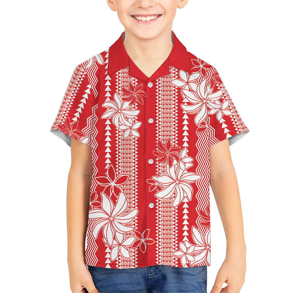 Hawaii Kakau Tribal Family Matching Off The Shoulder Long Sleeve Dress and Hawaiian Shirt With Red Tiare