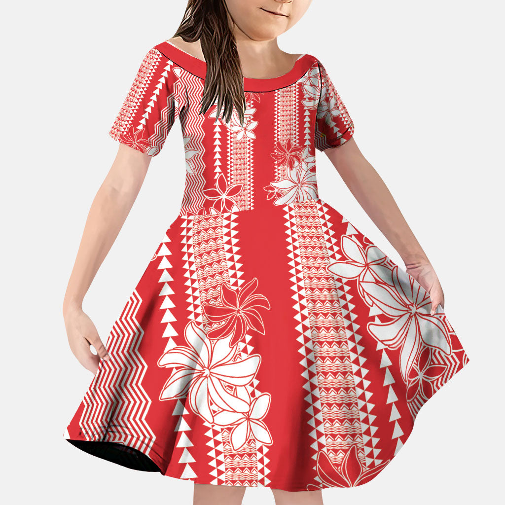 Hawaii Kakau Tribal Family Matching Off Shoulder Maxi Dress and Hawaiian Shirt With Red Tiare