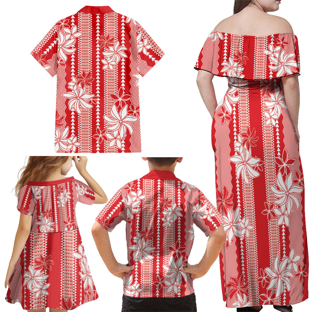 Hawaii Kakau Tribal Family Matching Off Shoulder Maxi Dress and Hawaiian Shirt With Red Tiare