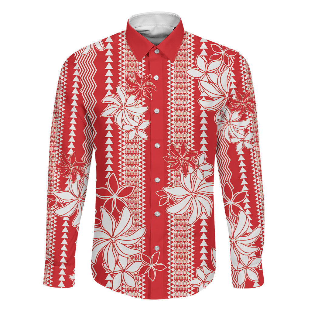 Hawaii Kakau Tribal Family Matching Off Shoulder Maxi Dress and Hawaiian Shirt With Red Tiare