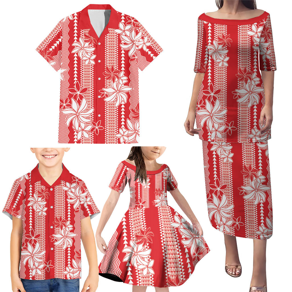 Hawaii Kakau Tribal Family Matching Puletasi and Hawaiian Shirt With Red Tiare