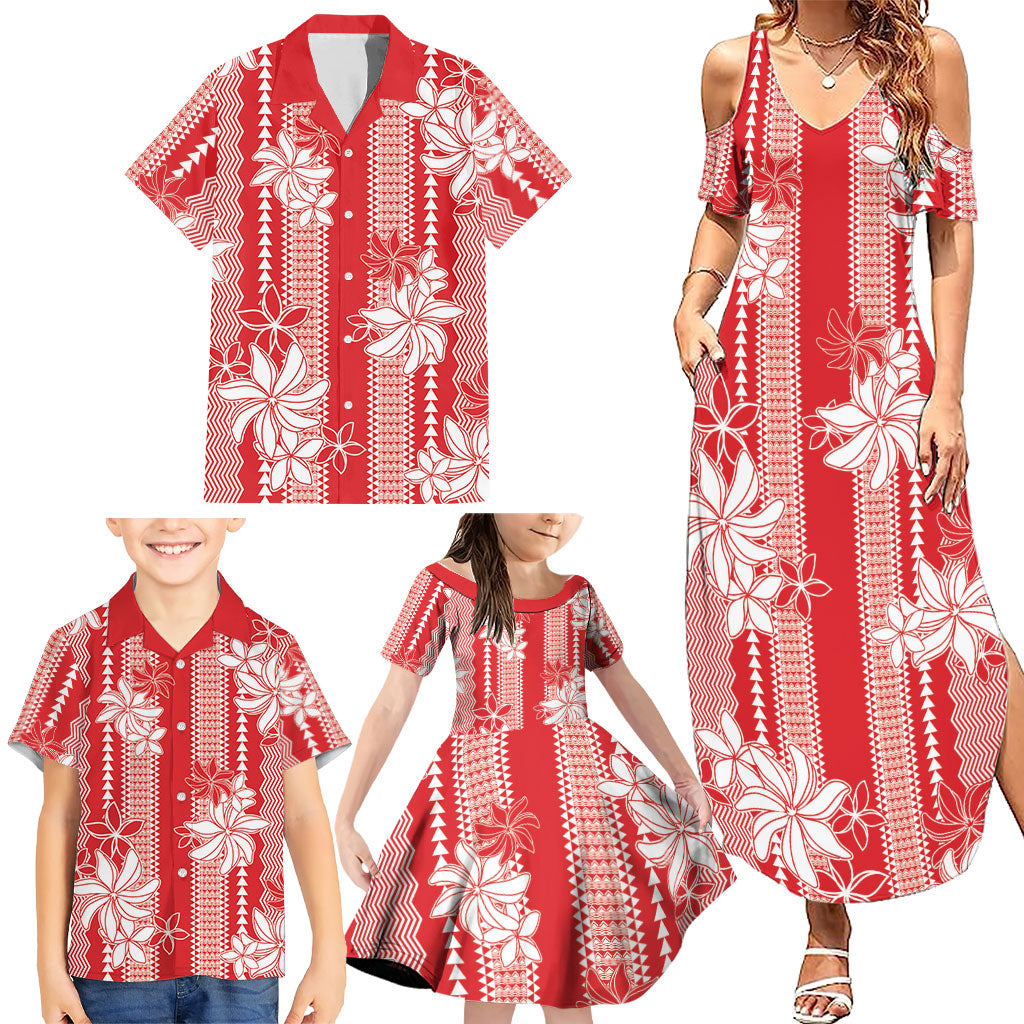 Hawaii Kakau Tribal Family Matching Summer Maxi Dress and Hawaiian Shirt With Red Tiare