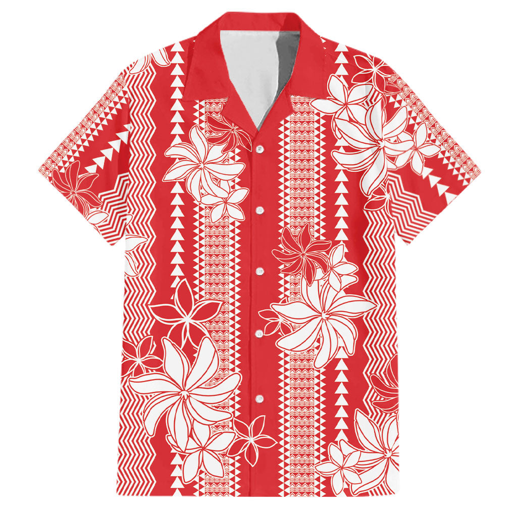 Hawaii Kakau Tribal Family Matching Summer Maxi Dress and Hawaiian Shirt With Red Tiare