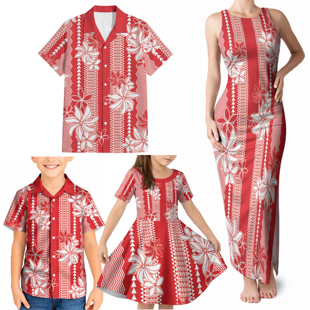 Hawaii Kakau Tribal Family Matching Tank Maxi Dress and Hawaiian Shirt With Red Tiare LT05 - Polynesian Pride