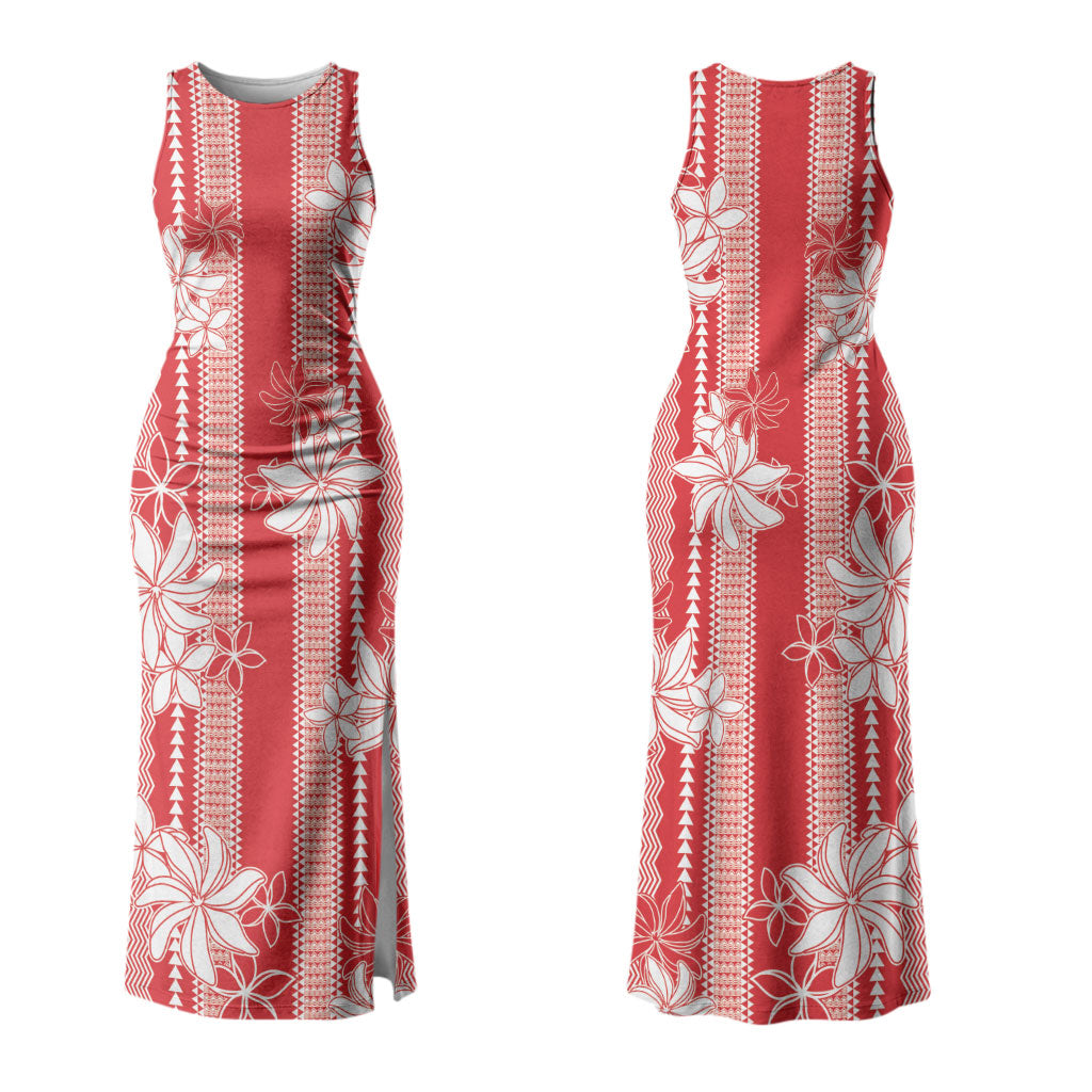 Hawaii Kakau Tribal Family Matching Tank Maxi Dress and Hawaiian Shirt With Red Tiare LT05 Mom's Dress Red - Polynesian Pride