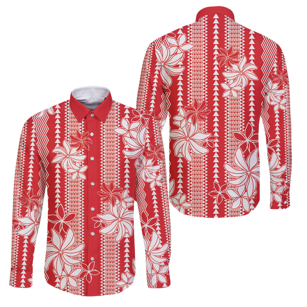 Hawaii Kakau Tribal Family Matching Tank Maxi Dress and Hawaiian Shirt With Red Tiare LT05 Dad's Shirt - Long Sleeve Red - Polynesian Pride