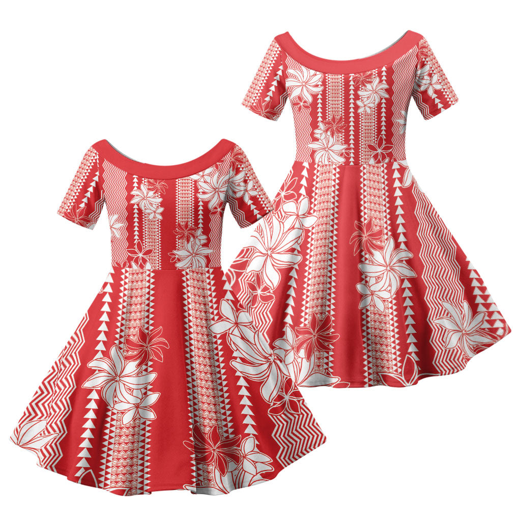 Hawaii Kakau Tribal Family Matching Tank Maxi Dress and Hawaiian Shirt With Red Tiare LT05 Daughter's Dress Red - Polynesian Pride