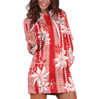 Hawaii Kakau Tribal Hoodie Dress With Red Tiare