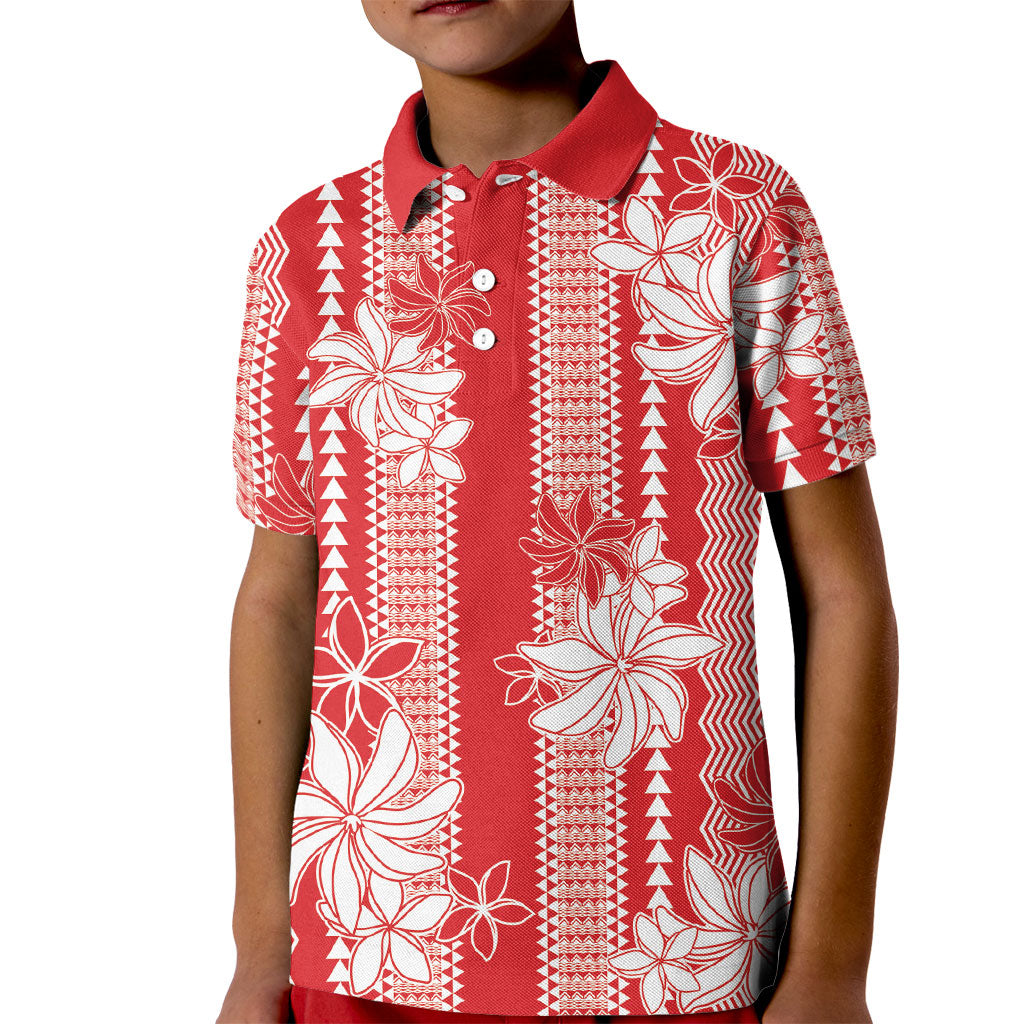 Hawaii Kakau Tribal Kid Polo Shirt With Red Tiare