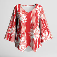 Hawaii Kakau Tribal Kimono Sleeve Blouse With Red Tiare LT05 Female Red - Polynesian Pride