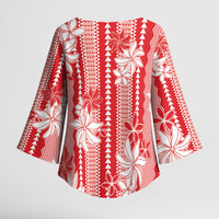 Hawaii Kakau Tribal Kimono Sleeve Blouse With Red Tiare LT05 - Polynesian Pride